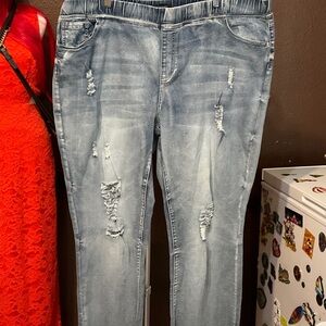 Ashley Stewart Light Blue Distressed jeans with fringe hem